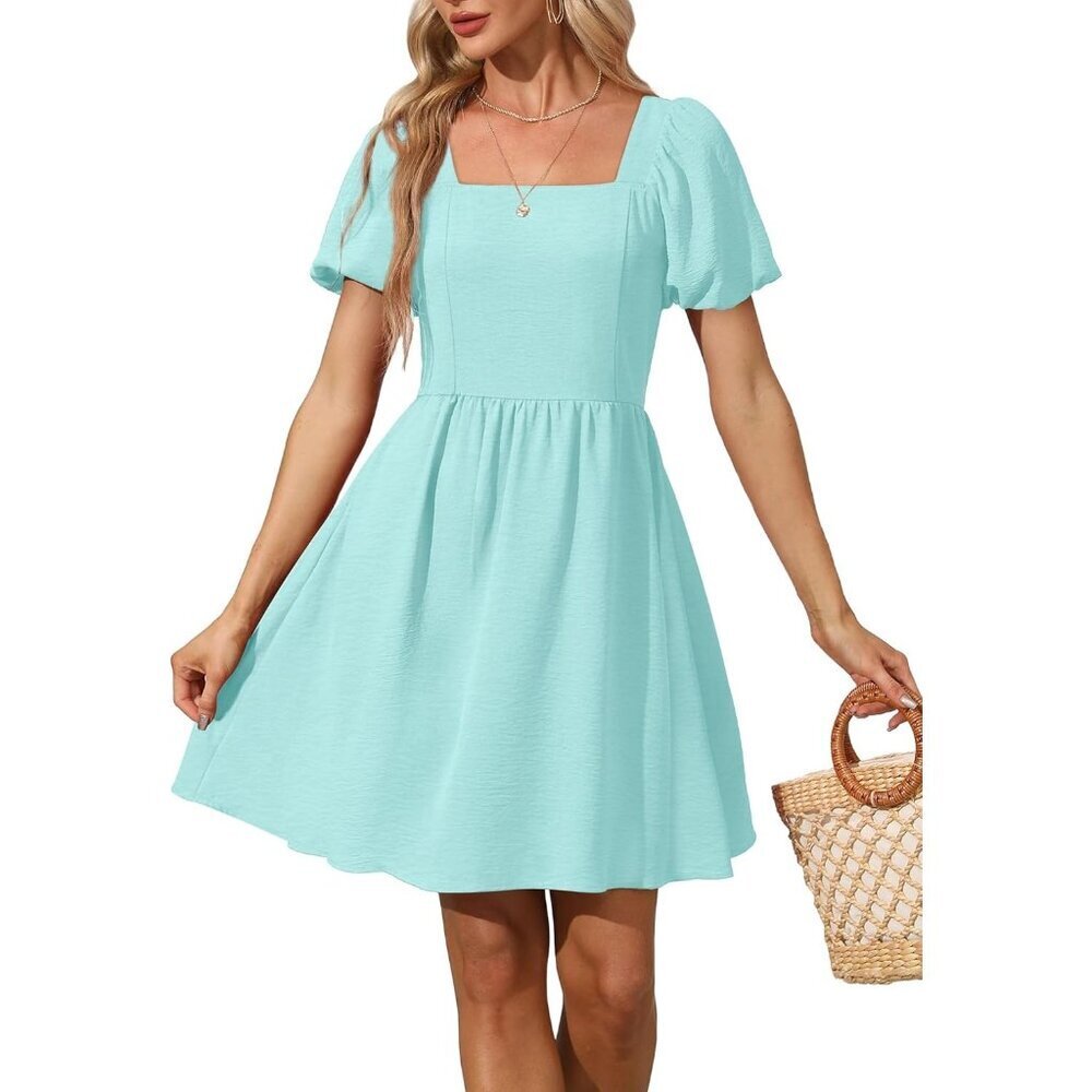 Ofeefan Women Light Cyan Puff Sleeve Square Neck Tie in Back Dresses with Zipper